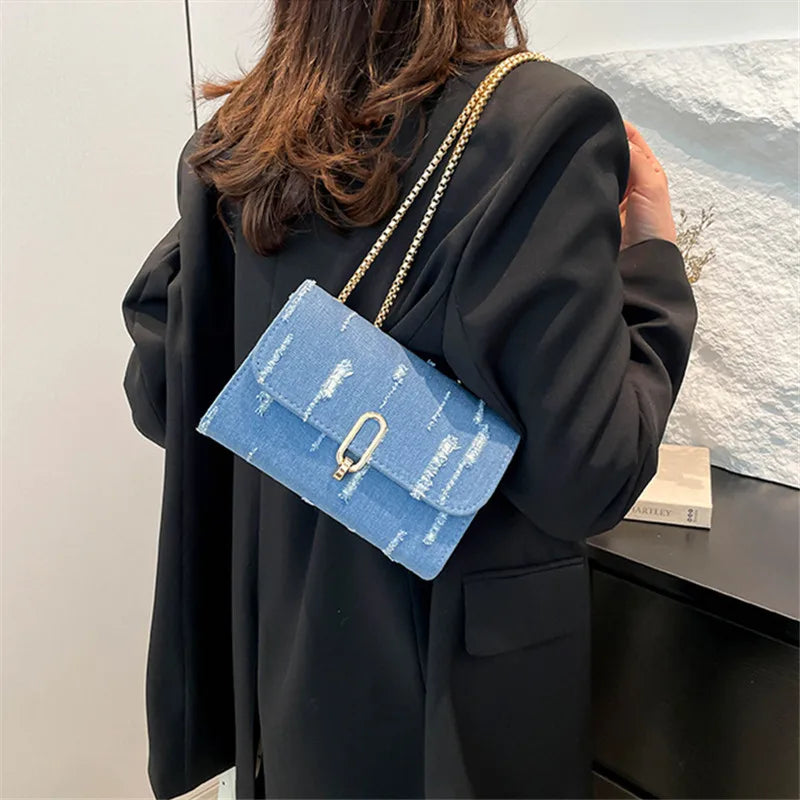 Distressed Denim Crossbody Bag with Gold Chain – Women's Small Square Shoulder Bag