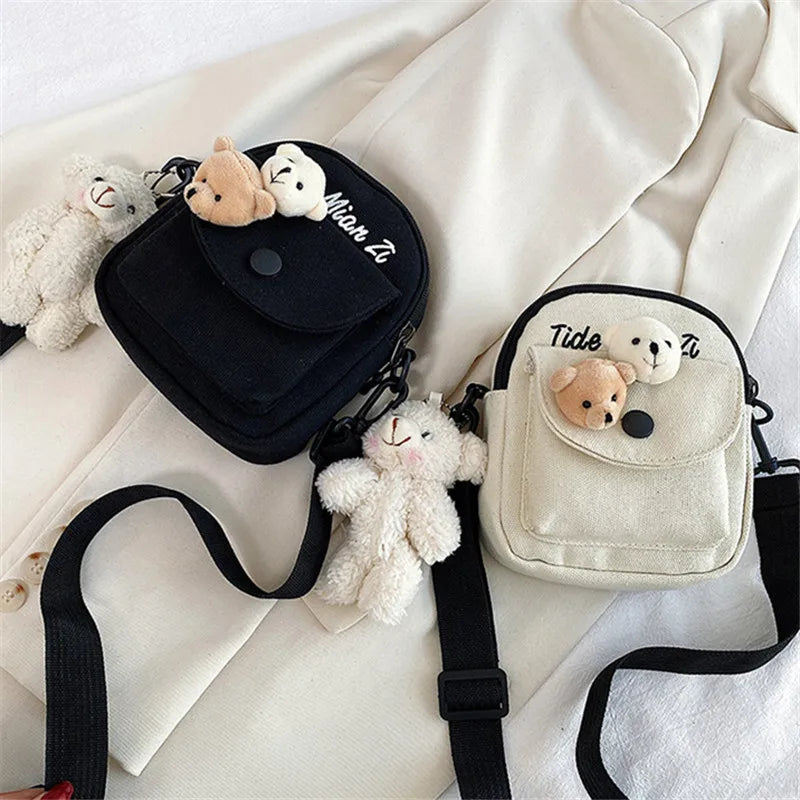Canvas Crossbody Phone Bag with Cute Bear Plush Pins