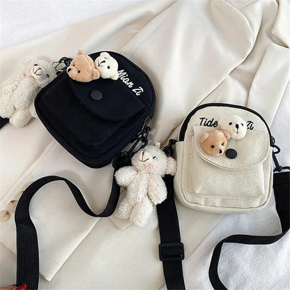 Canvas Crossbody Phone Bag with Cute Bear Plush Pins