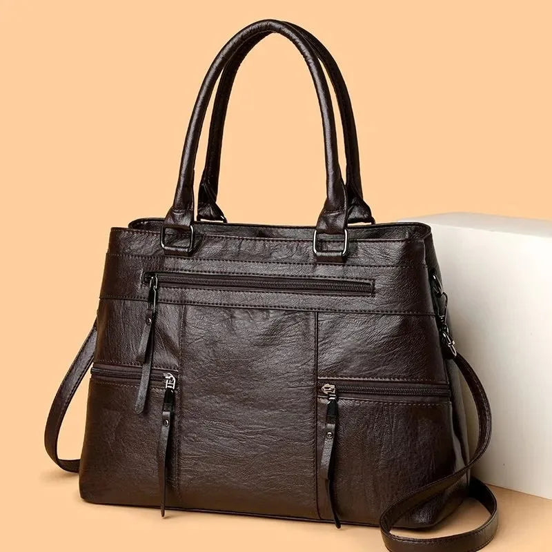 Leather Tote Bag for Women – Multi-Pocket Shoulder & Crossbody Handbag