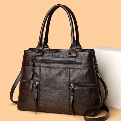 Leather Tote Bag for Women – Multi-Pocket Shoulder & Crossbody Handbag