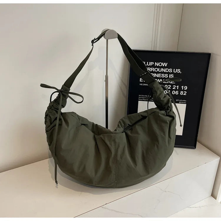 Nylon Crossbody Bag – Soft Drawstring Crescent Shoulder Bag for Women