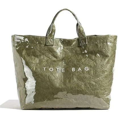 Waterproof Glossy Tote Bag with Letter Print & Double Handles