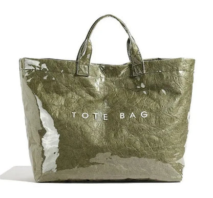 Waterproof Glossy Tote Bag with Letter Print & Double Handles