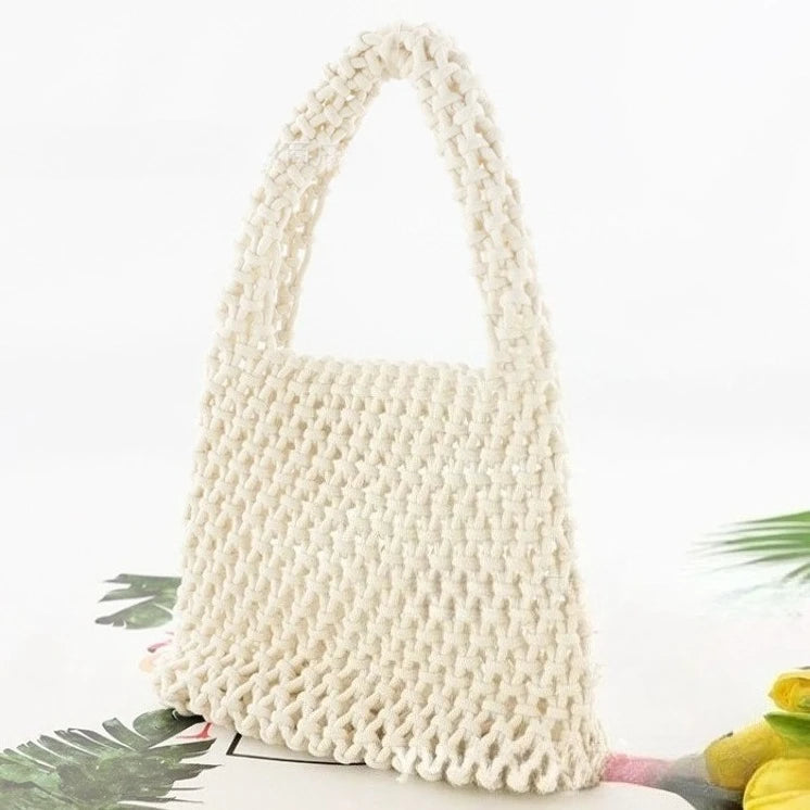 Summer Hollow Woven Cotton Rope Tote Bag Women Handmade Mesh Beach Casual Handbag Shoulder Vacation