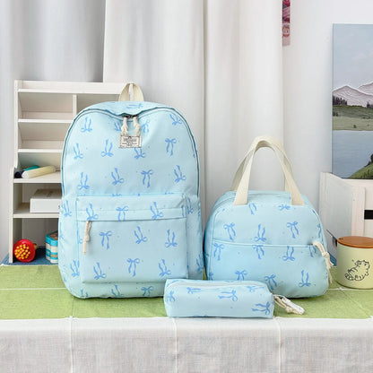 Sweet Girl Style Bow Print Three Piece Backpack Set Nylon Lightweight Large Capacity Campus