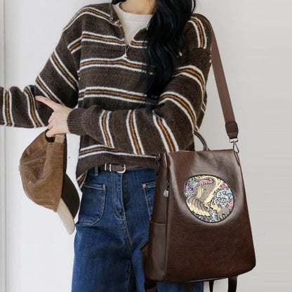 Anti-Theft Backpack with Deer & Elephant Print – 3-in-1 Waxed Leather Shoulder Bag