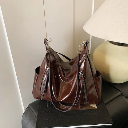 PU Leather Shoulder Bag with Side Pockets & Removable Charm