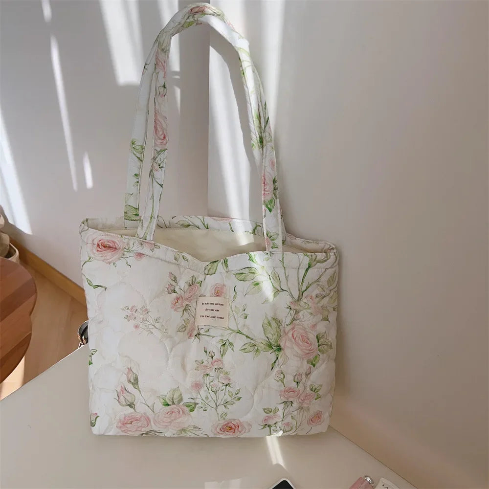 Cotton Floral Tote Bag Women Handbag Trendy Chic Puffy Top Handle Quilted Padded Shoulder Designer