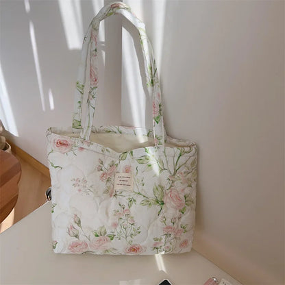 Cotton Floral Tote Bag Women Handbag Trendy Chic Puffy Top Handle Quilted Padded Shoulder Designer