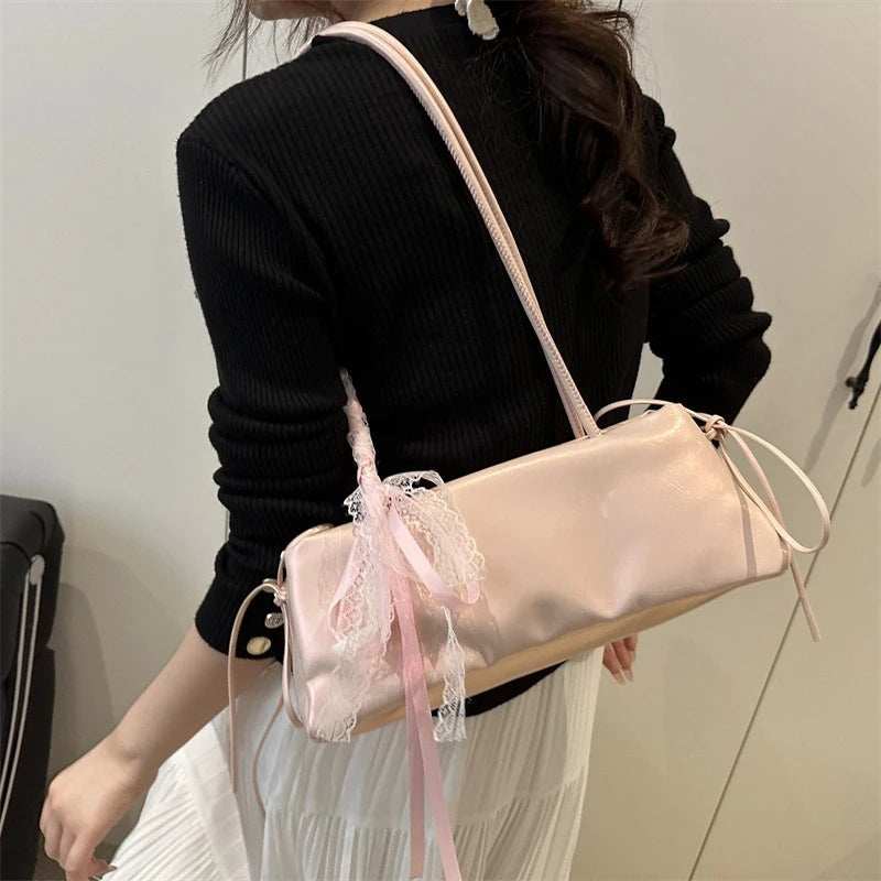 Faux Leather Shoulder Bag – Lace Ribbon Bow Tote Handbag