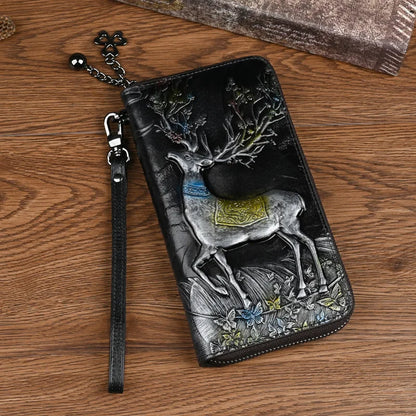 Top Layer Cowhide Coin Purse Deer-Head Embossed Multi-Position