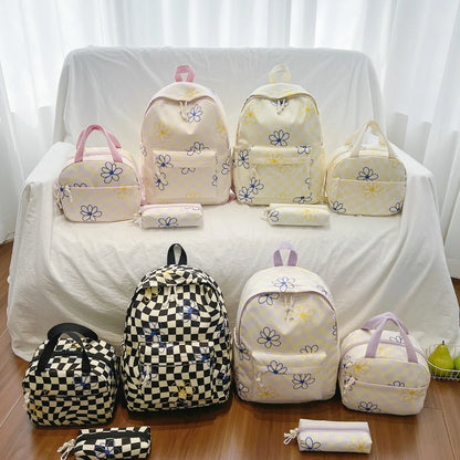 Dopamine Checkerboard Floral Print Three Piece Backpack Set Lightweight