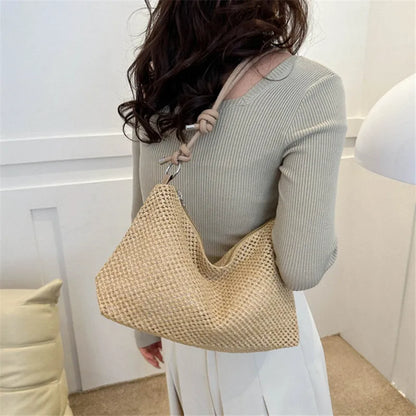 Straw Woven Shoulder Bag with Leather Handle – Women's Boho Handbag