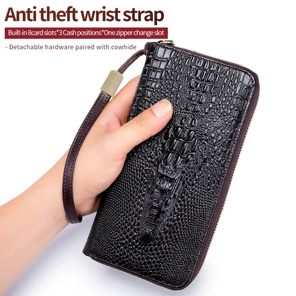 Real Leather Long Alligator Grain Head Layer Cofskin Zipper Purse Large Capacity Multi-Position