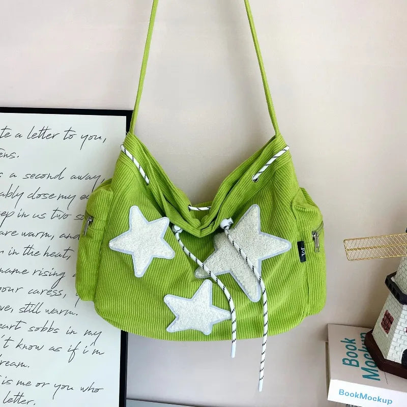 Y2K Corduroy Star Tote Bag with Plush Star Decor