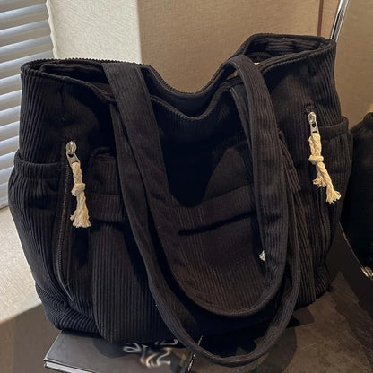 Corduroy Tote Bag Multiple Pockets Casual Chic Handbag Women Shoulder Bags Woman Perfect Shopping