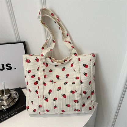 Chic Pink Strawberry Pattern Corduroy Tote Bag Women Work Shopping Handbag Shoulder