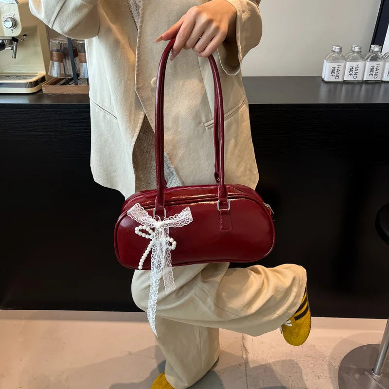 Patent Leather Shoulder Bag with Detachable Pearl Bow Lace Charm