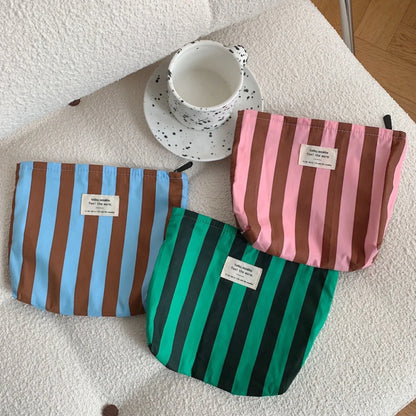 Contrast Color Women S Stripe Storage Bags Cute Large Capacity Female Cosmetic Bag Makeup Case