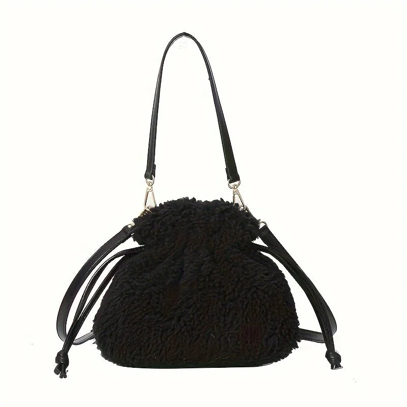 Fashionable Mini Plush Crossbody Bag Drawstring - Soft Fuzzy Bucket Women - Soft