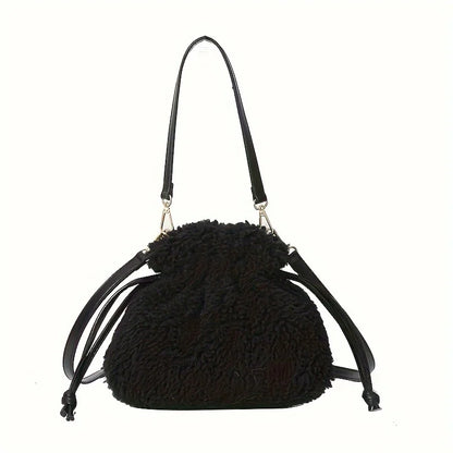 Fashionable Mini Plush Crossbody Bag Drawstring - Soft Fuzzy Bucket Women - Soft