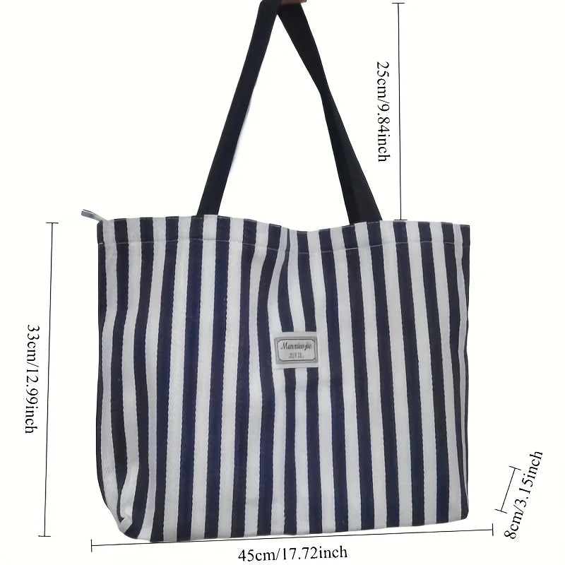 Striped Canvas Tote Bag – Large Capacity Shoulder Bag for Women