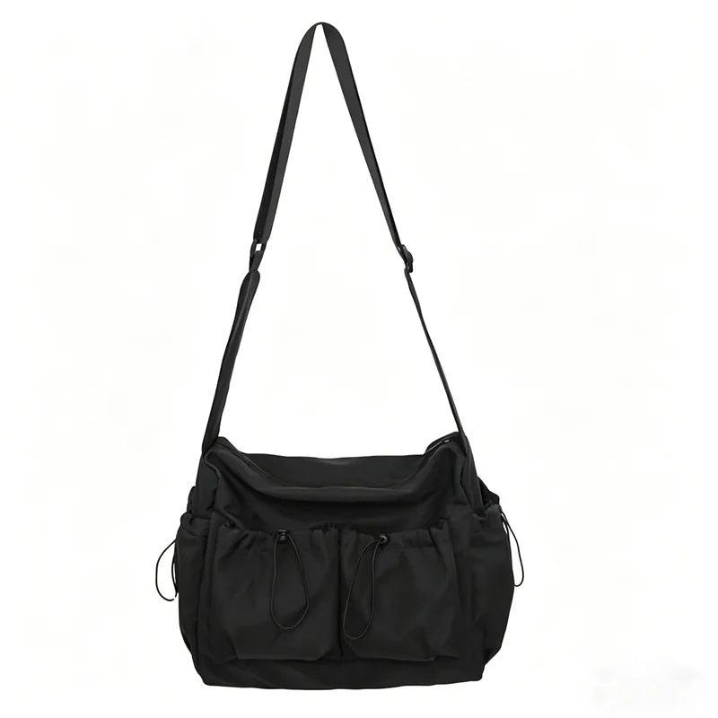 Black Nylon Crossbody Bag – Multi-Pocket Drawstring