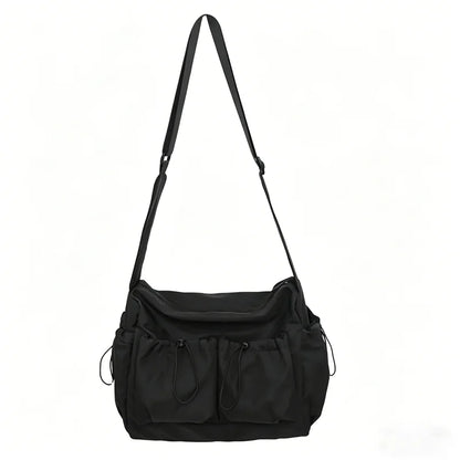 Black Nylon Crossbody Bag – Multi-Pocket Drawstring