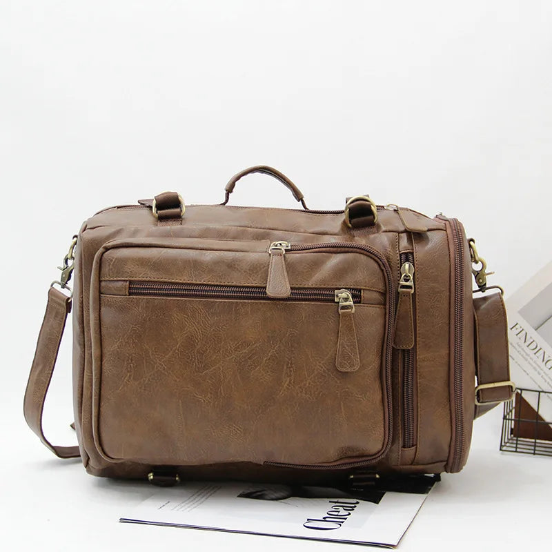 14-Inch Computer Bag Pu Leather Retro Multi-Functional Men S Backpack - Waterproof