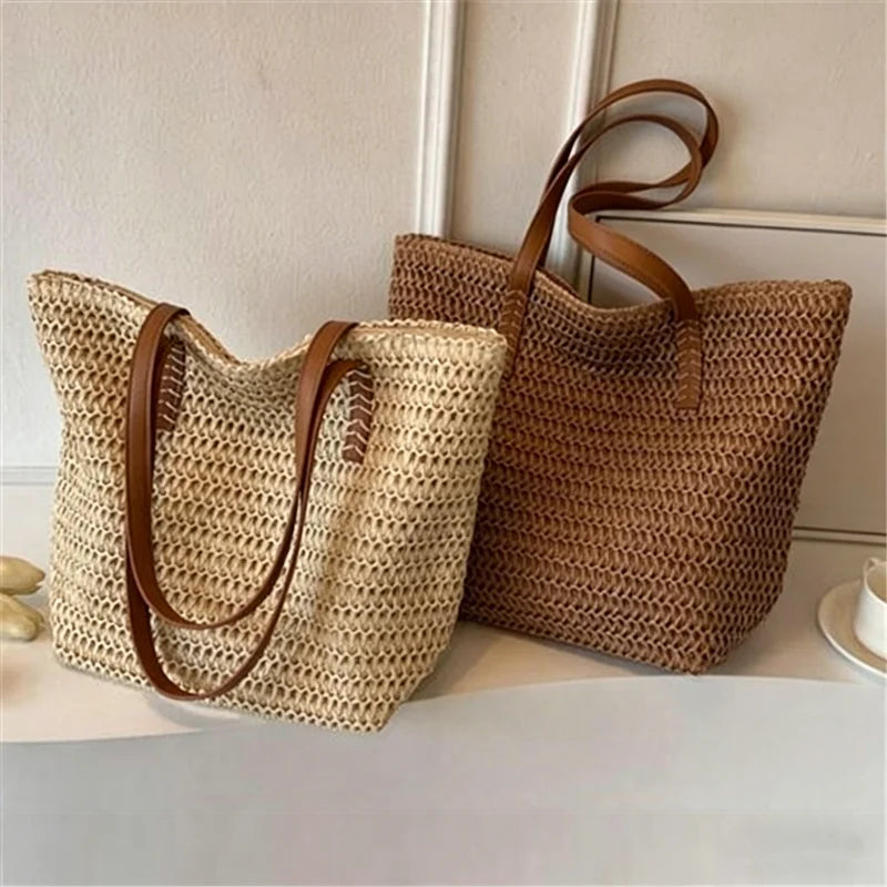 Straw Tote Bag with Leather Handles – Women's Beach Bag