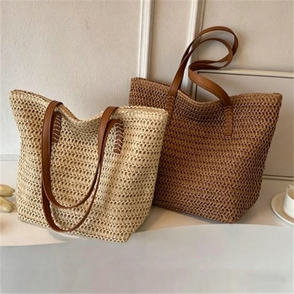 Straw Tote Bag with Leather Handles – Women's Beach Bag
