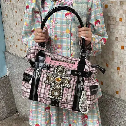 Plaid Canvas Shoulder Bag – Y2K Harajuku Large Handbag