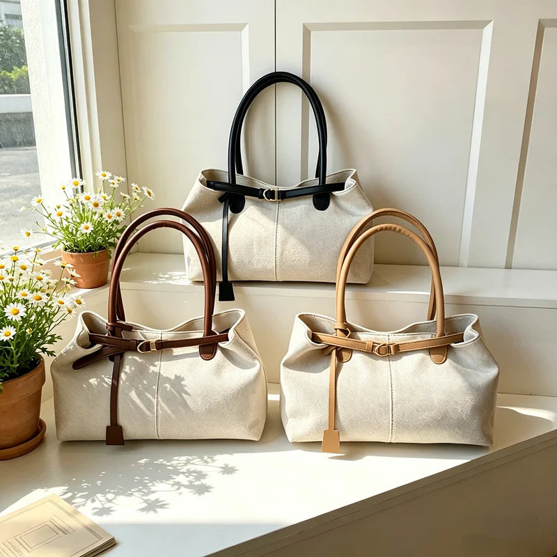 Linen Tote Bag with Leather Handles & Buckle Detail