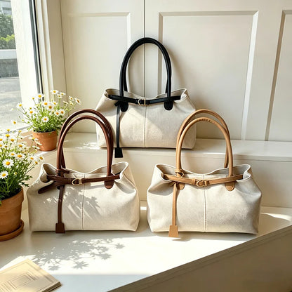 Linen Tote Bag with Leather Handles & Buckle Detail