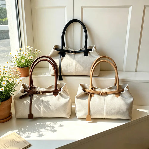 Linen Tote Bag with Leather Handles & Buckle Detail