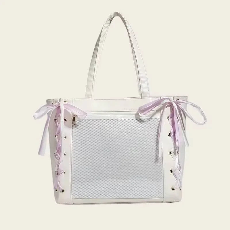 Japanese Sweet Women Ribbon Ita Bag Cute Lolita Girl Transparent Handbags Large Capacity Tote