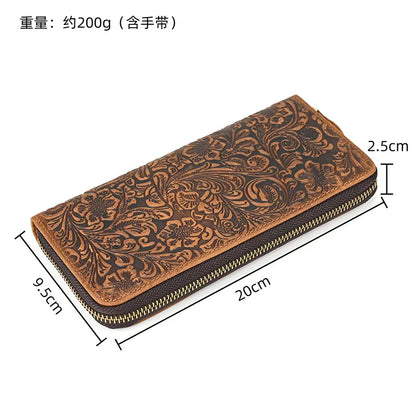 Crazy Horse Leather Long Wallet Retro Embossed Zipper Handbag Multi-Card Mobile Phone Change Storage