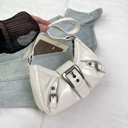 Simple Leather Shoulder Bag Big Metal Buckle Decor Side Strap Details Underarm Adjustable Wide Y2k