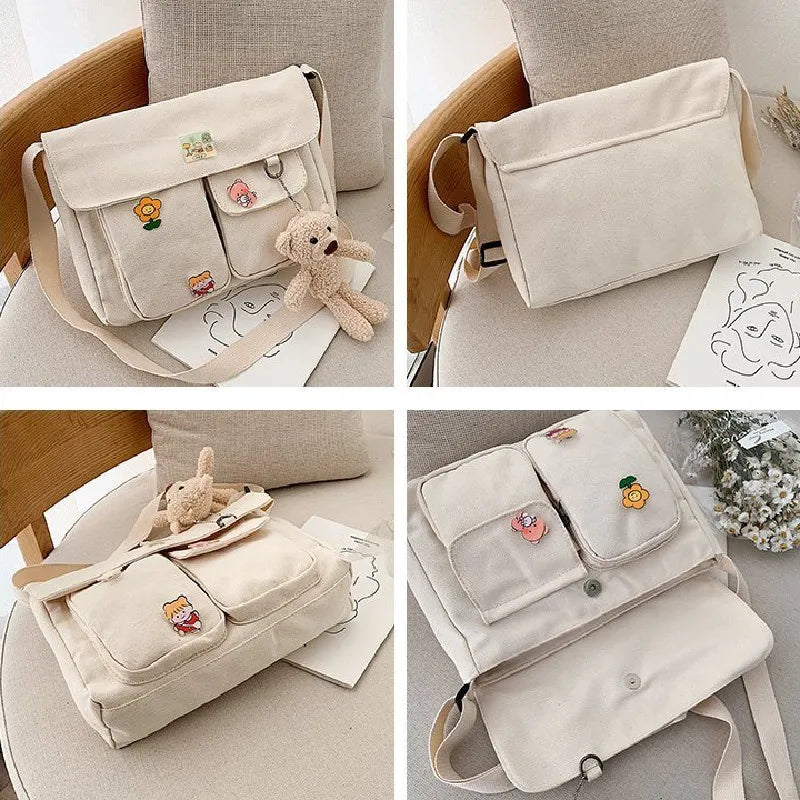 Cute Canvas Crossbody Bag for Women with Cartoon Badge Pins