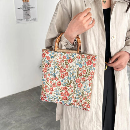 Vintage Artistic Embroidery Floral Pattern Shoulder Bag Bamboo Handle Women Tote Soft Fabric Handbag