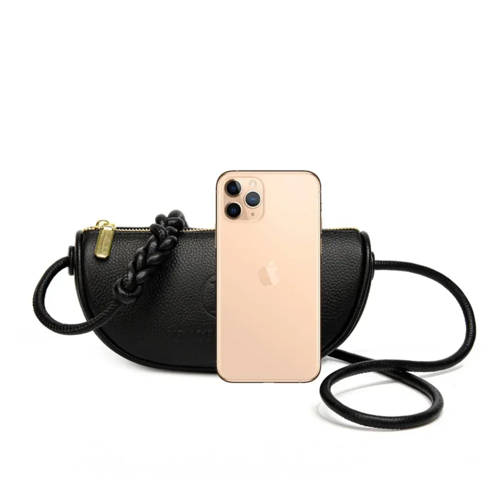 Leather Crescent Crossbody Mini Shoulder Bag – Braided Strap Daily Commute Bag