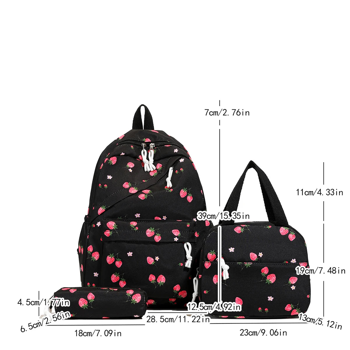 Cute Strawberry Pattern Backpack Set 3pcs Handbag Pencil Case Reinforced Nylon Dual Zipper School