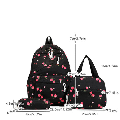 Cute Strawberry Pattern Backpack Set 3pcs Handbag Pencil Case Reinforced Nylon Dual Zipper School