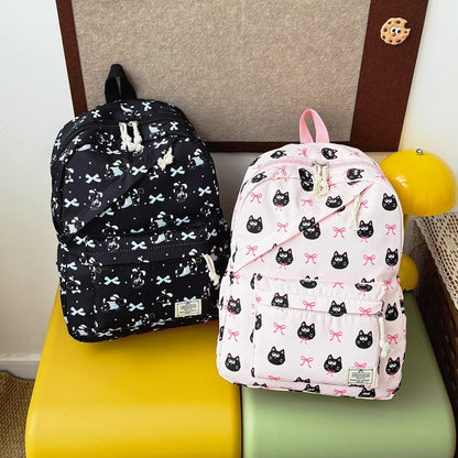 Fresh Age Reducing Cartoon Animal Bow Print Student Backpack Nylon Lightweight Large Capacity Casual