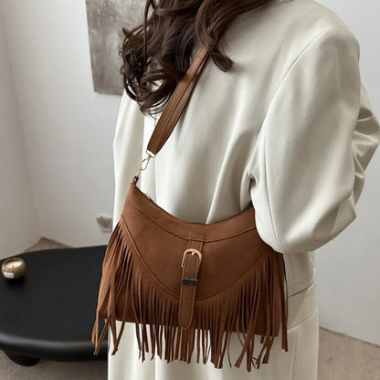 Suede Tassel Shoulder Bag for Women – Boho Fringe Crossbody