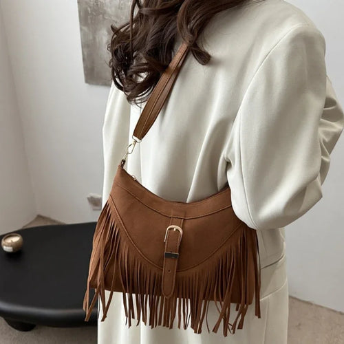 Suede Tassel Shoulder Bag for Women – Boho Fringe Crossbody
