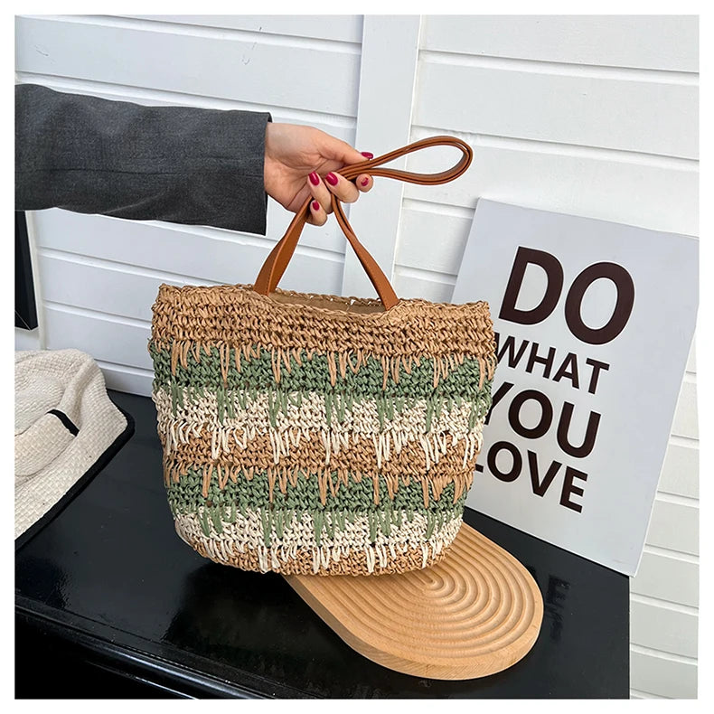 Straw Patchwork Zipper Large Capacity Casual Tote Spring