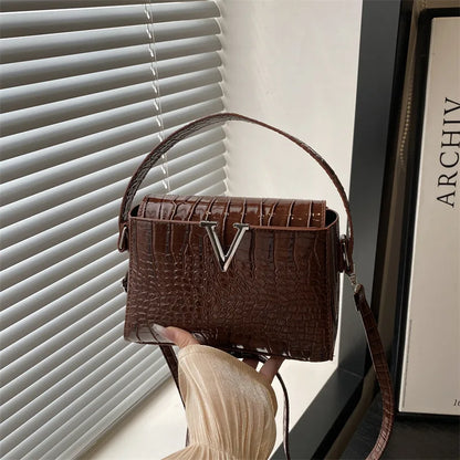 Mini Croc-Embossed PU Leather Handbag with V-Lock