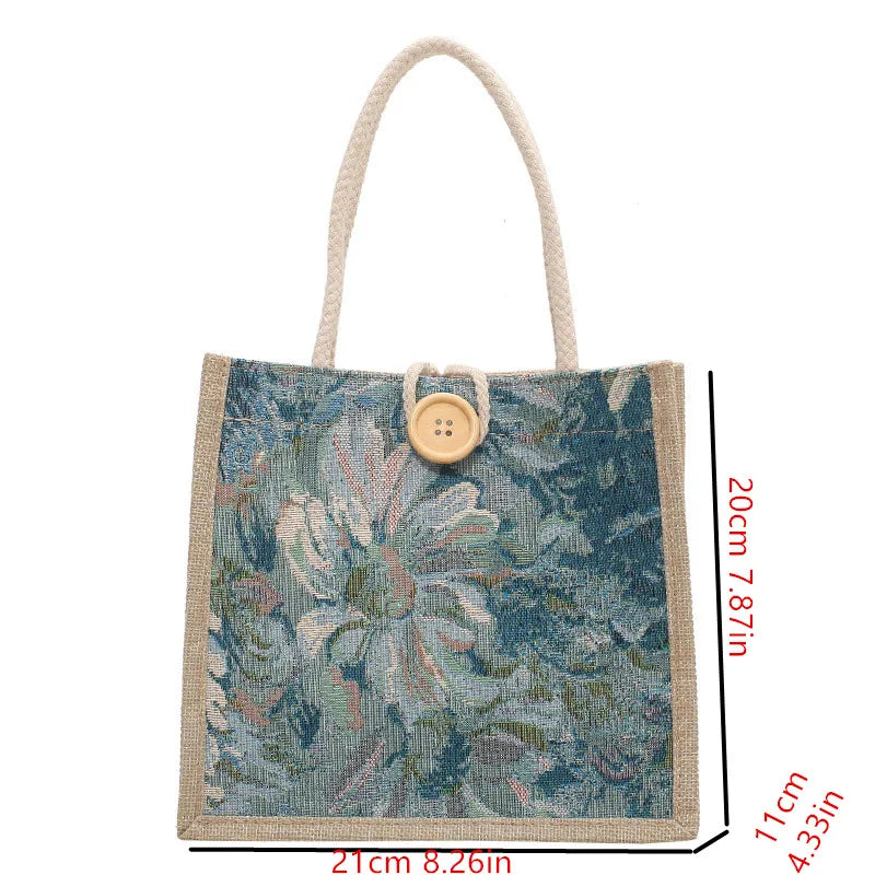 Linen Beach Tote Bag with Floral Print & Button Closure
